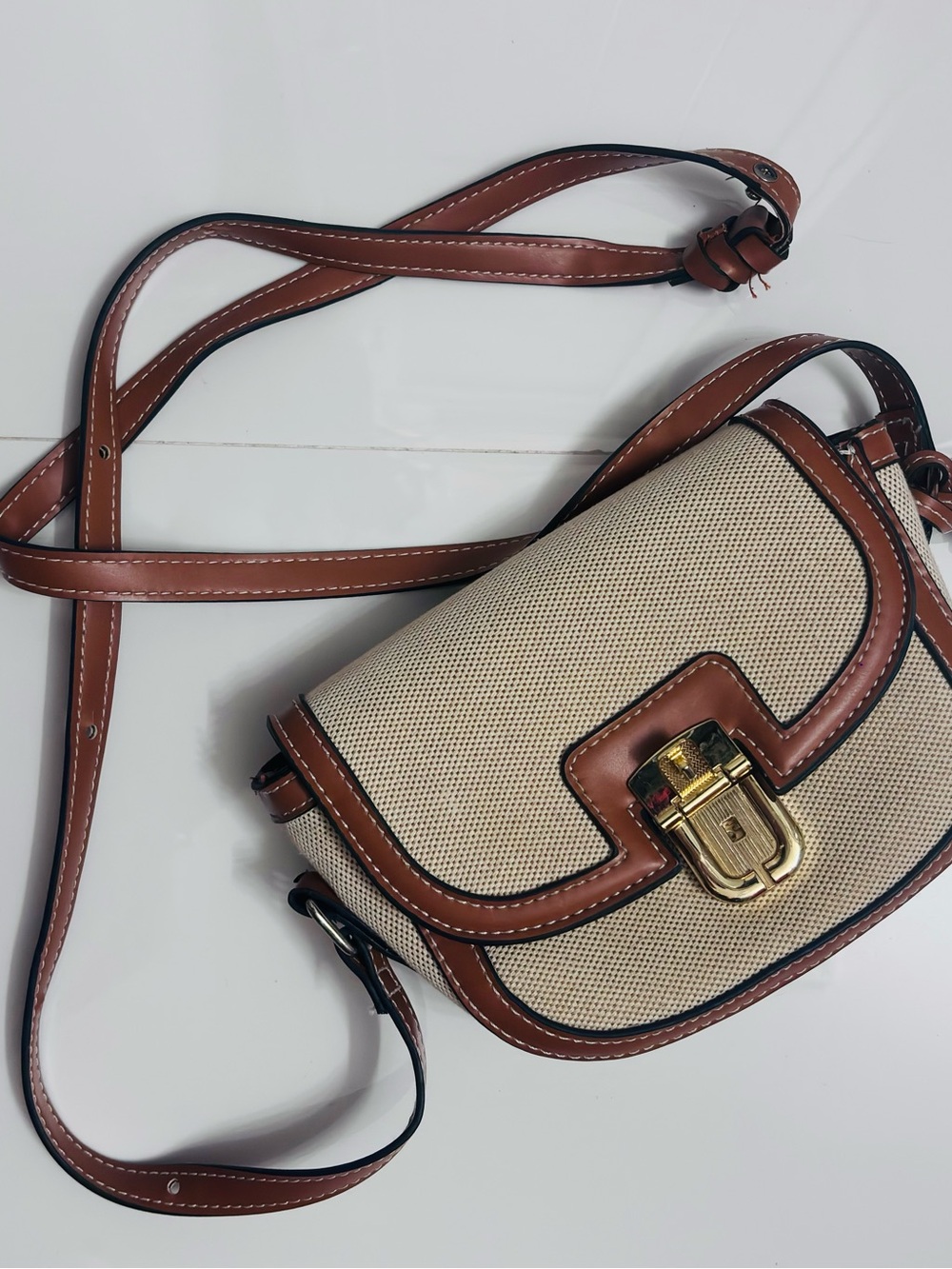 SHEIN Beige Canvas Crossbody with Brown Trim and Gold Lock